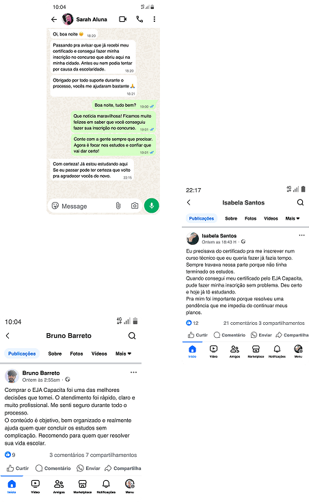 Depoimentos de alunos no WhatsApp e Facebook